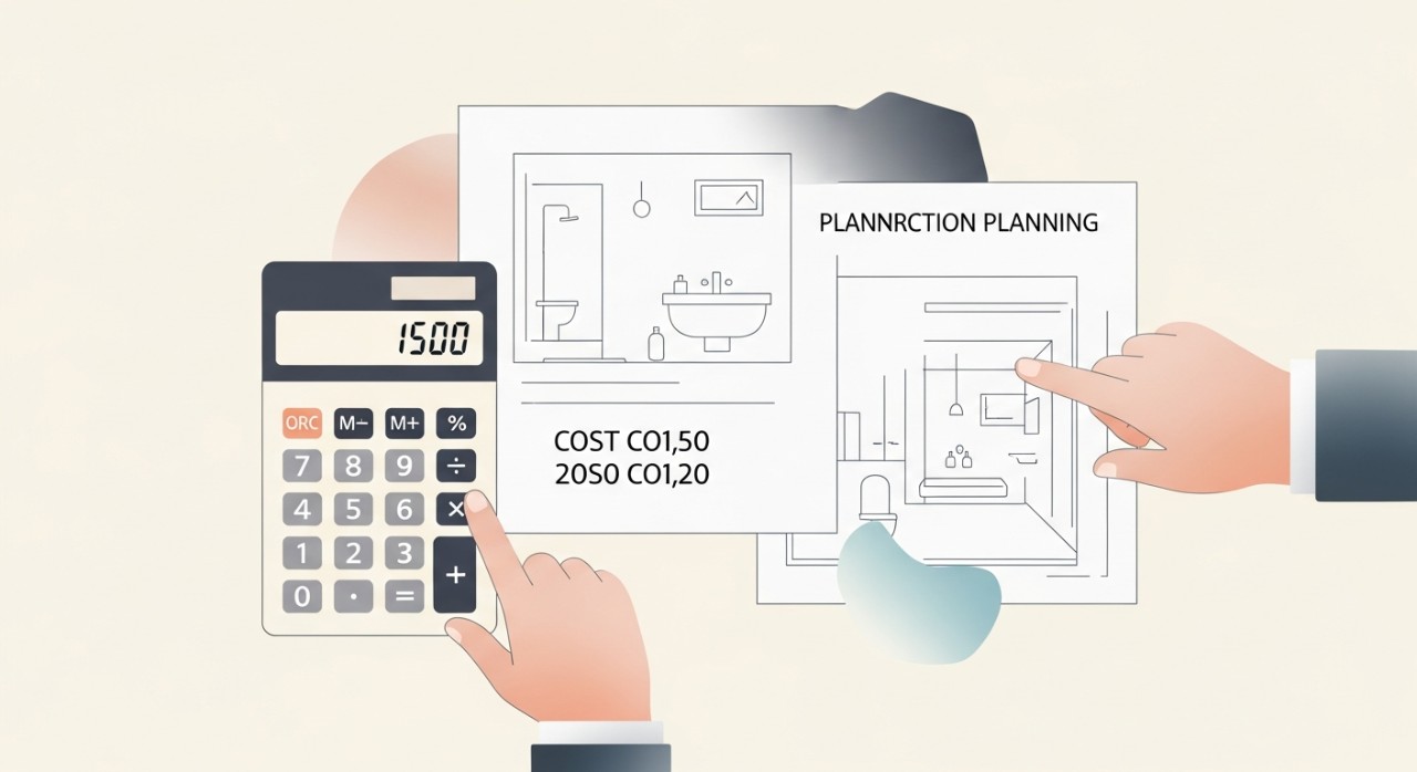 Tangan sedang mengira kos dengan kalkulator dan dokumen perancangan pembinaan bilik air.