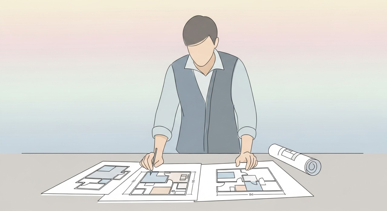 Seorang arkitek sedang meneliti pelan lantai dan lukisan teknikal untuk projek penambahan tingkat rumah.