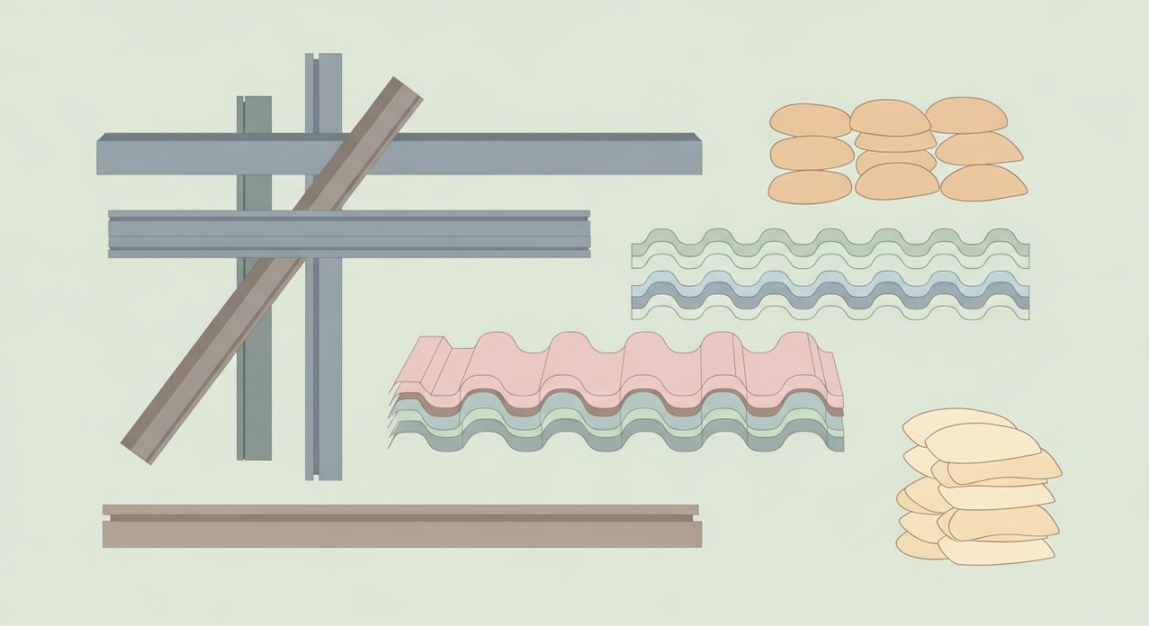 Pelbagai bahan binaan seperti rasuk logam, kepingan atap, dan guni simen yang biasa digunakan untuk anjung kereta.