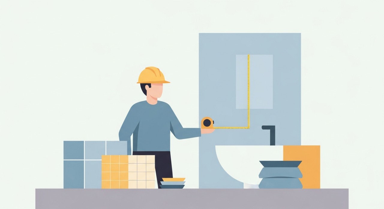 Seorang kontraktor sedang mengukur dinding bilik air dengan pita pengukur untuk membuat anggaran kos bahan.