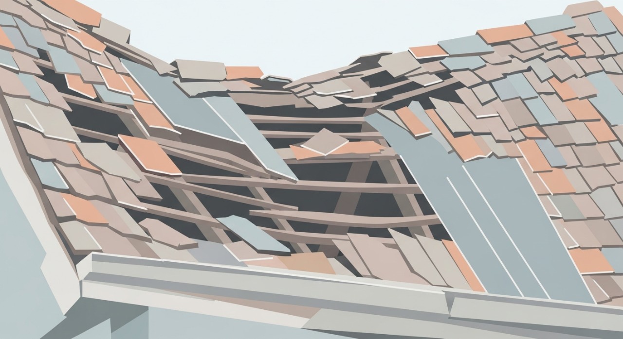 Bumbung rumah lama yang kelihatan rosak teruk dan memerlukan pembaikan segera.