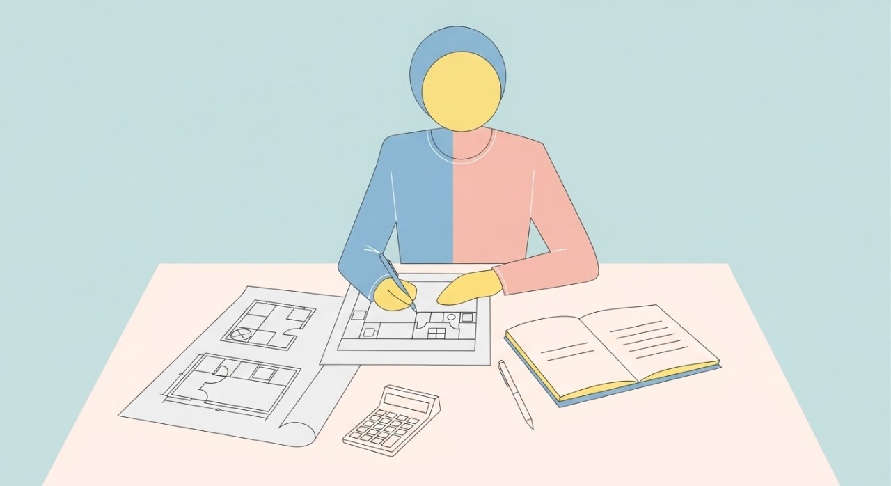 Seseorang sedang melihat pelan lantai dapur di atas meja dan menulis anggaran kos.