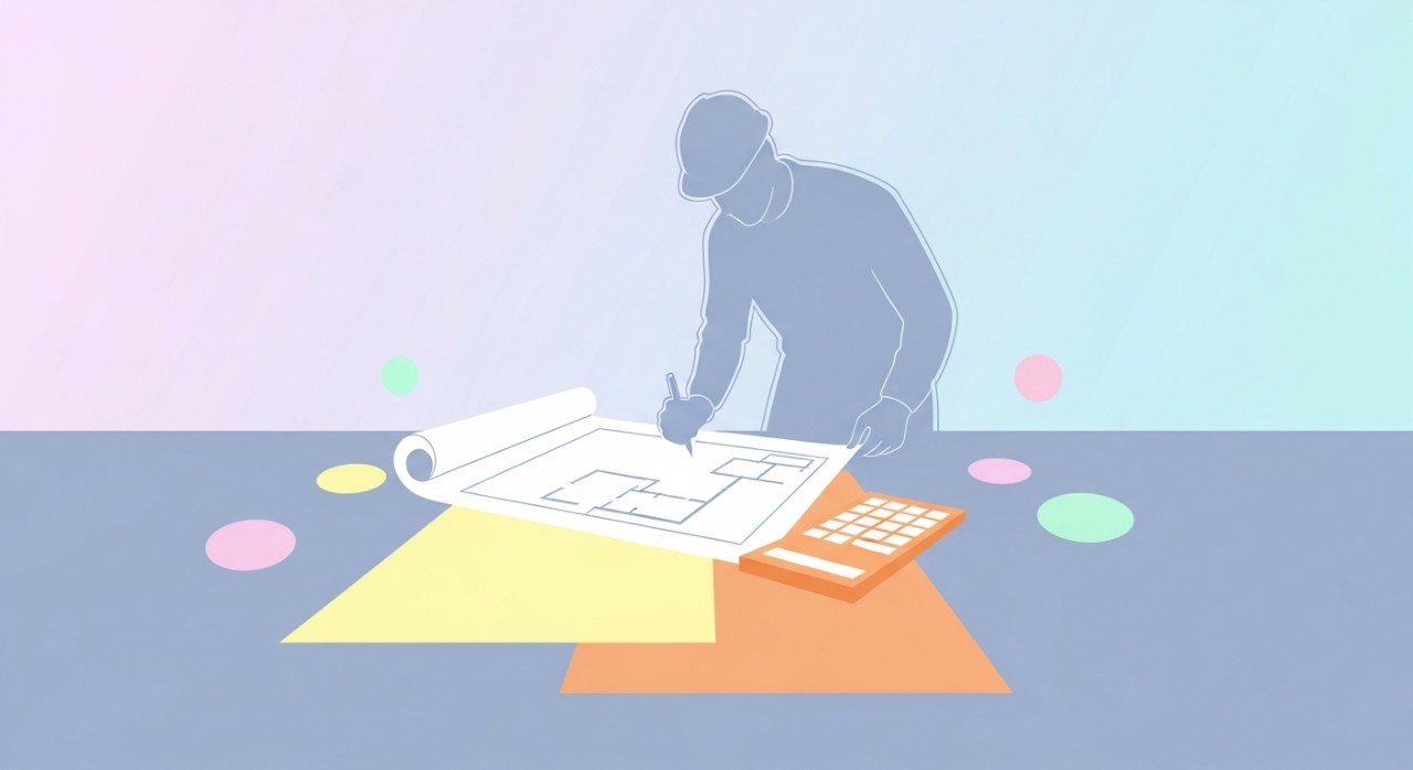 Seorang jurutera sedang meneliti pelan dan mengira anggaran kos bahan bumbung.