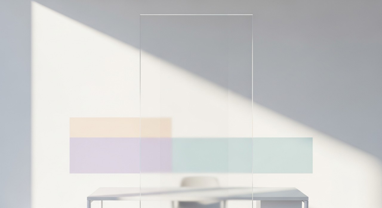 Dinding pemisah pejabat moden diperbuat daripada kaca tempered yang tebal dan jernih.