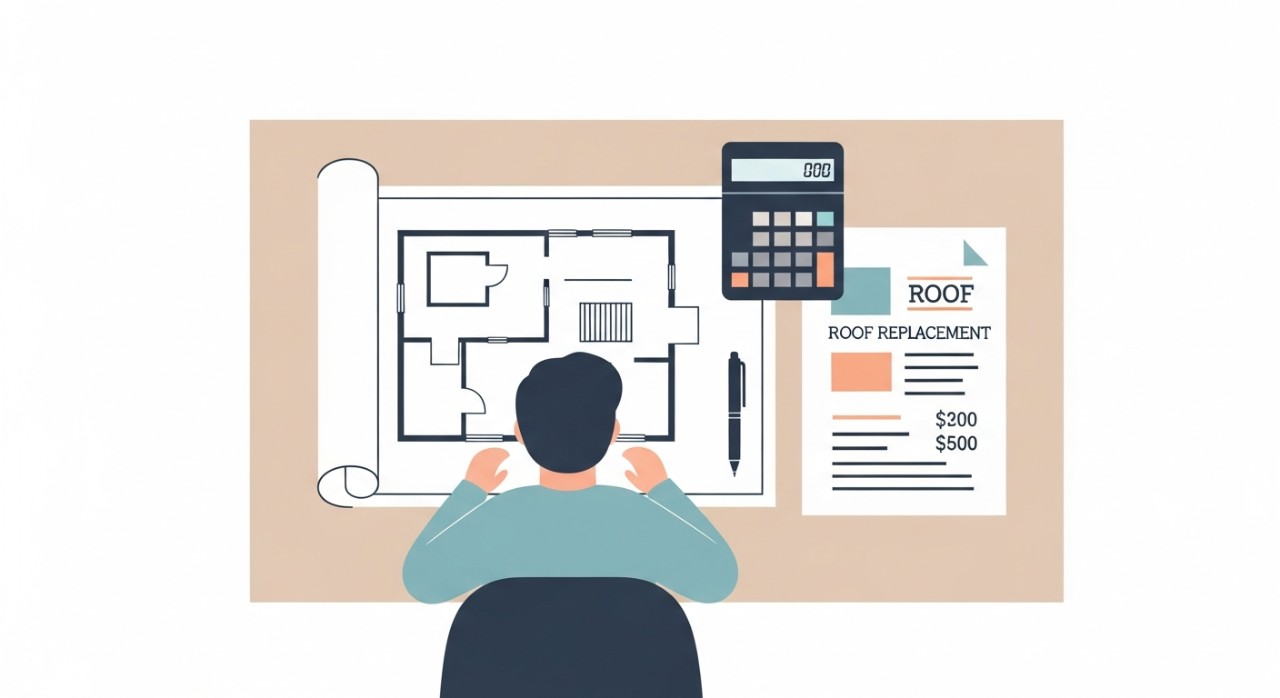 Seseorang sedang mengira anggaran kos untuk menukar keseluruhan bumbung rumah lama.