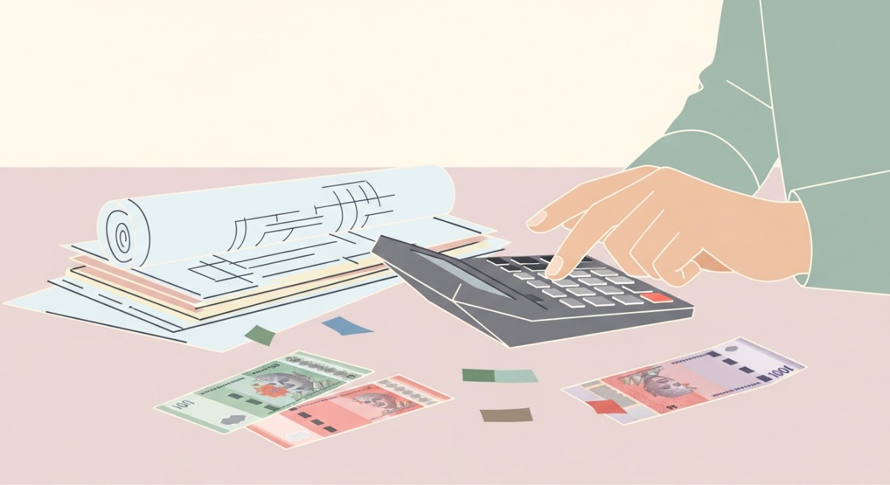 Tangan sedang mengira anggaran kos membina bilik sewa tambahan.