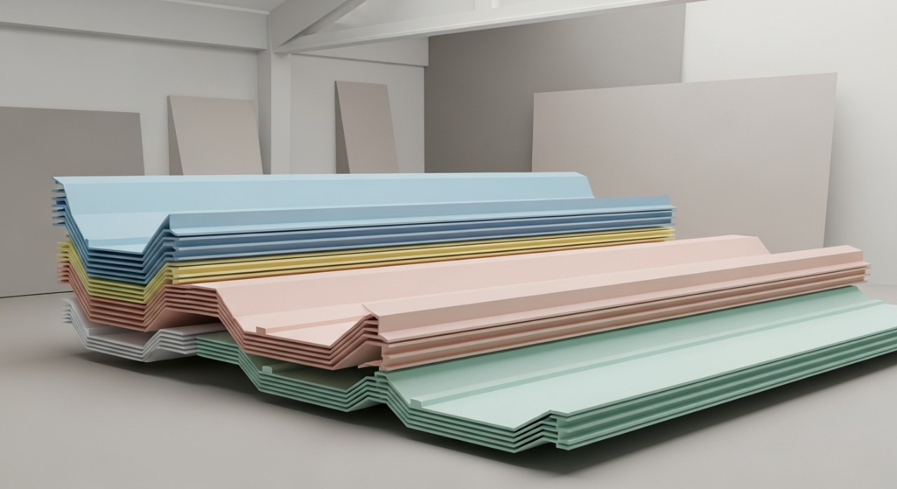 Timbunan kepingan bumbung zink baharu berwarna-warni disusun di dalam gudang.