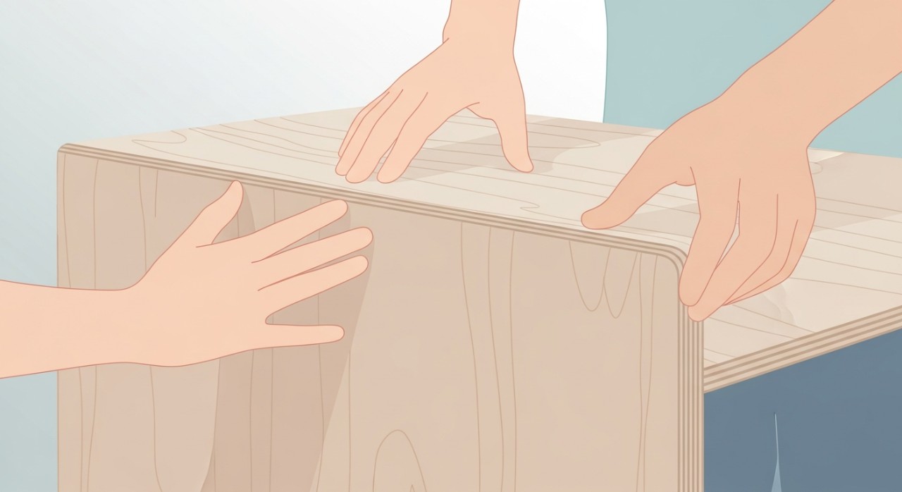 Tangan seseorang sedang menyentuh dan memeriksa kualiti permukaan papan plywood sebelum dibeli.