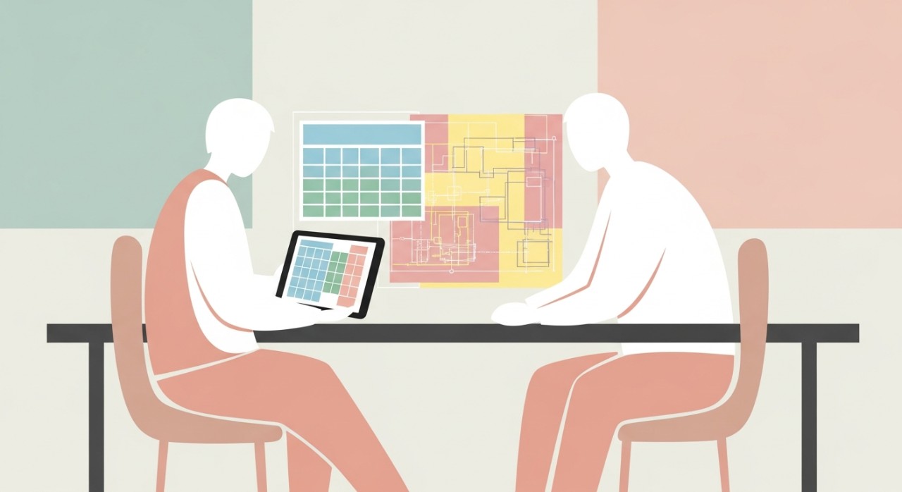 Pasangan suami isteri sedang berbincang tentang bajet dan pelan pembinaan untuk naik taraf rumah.