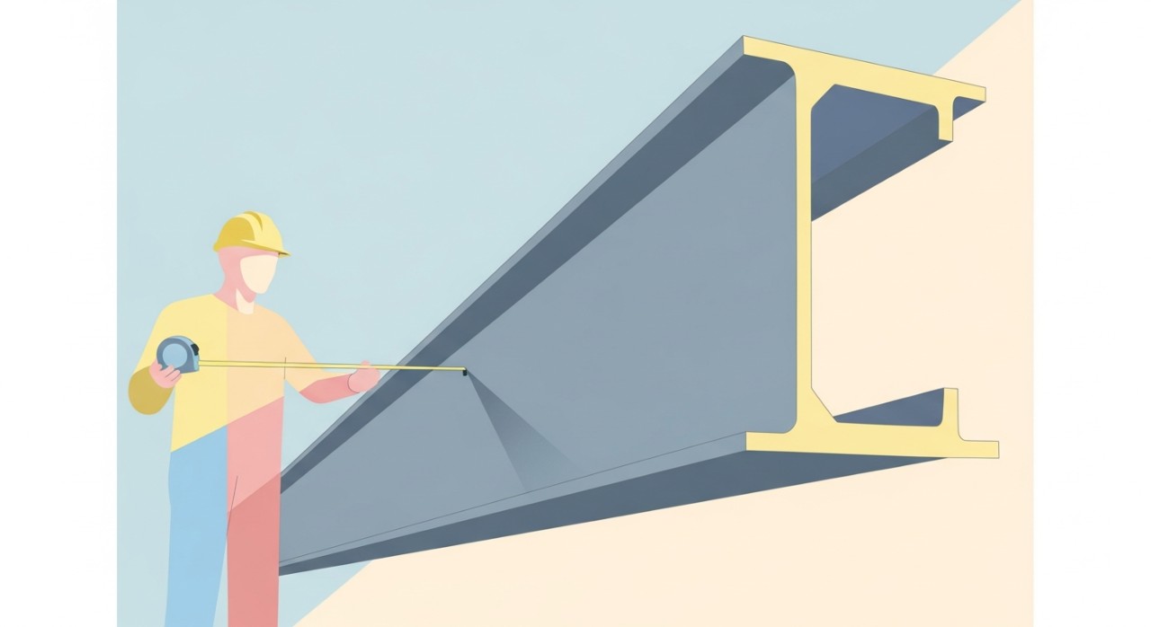 Seorang pekerja binaan sedang menggunakan pita pengukur untuk menyemak dimensi rasuk keluli C Channel