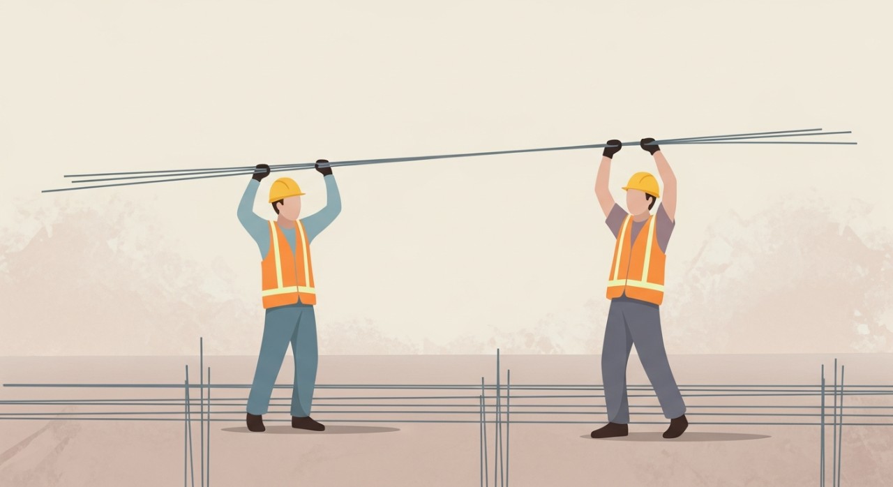 Dua orang pekerja binaan sedang mengangkat dan menyusun batang besi tetulang di tapak projek.