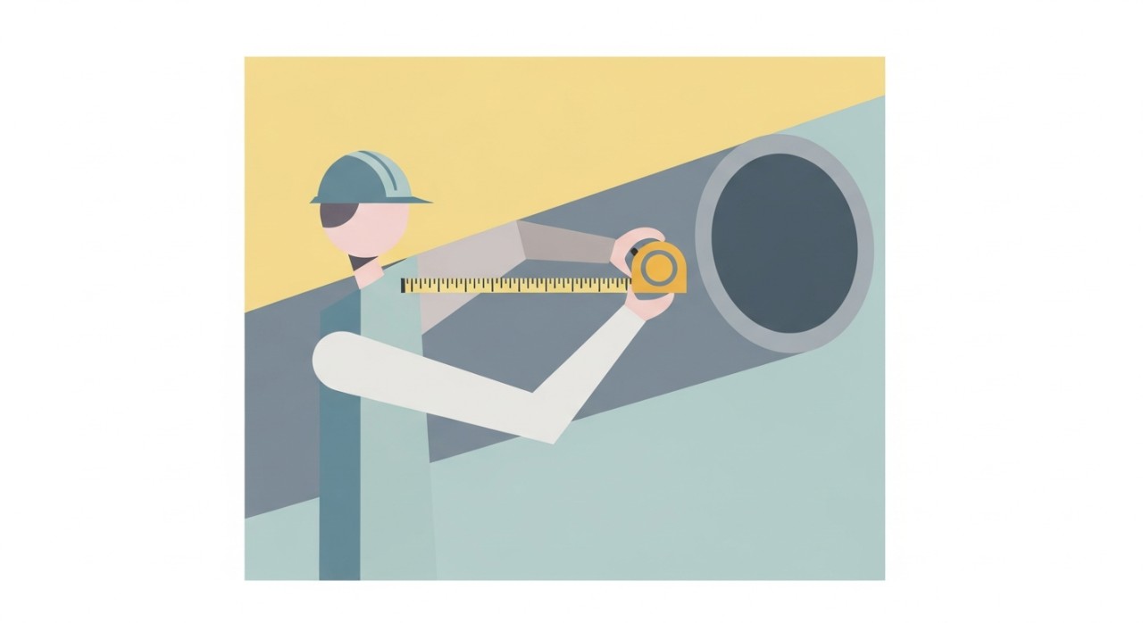 Seorang pekerja pembinaan sedang mengukur batang besi hollow menggunakan pita pengukur.