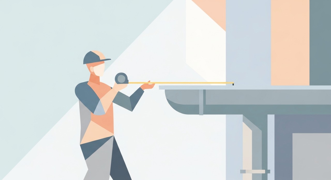 Seorang pekerja sedang mengukur panjang talang air sebelum pemasangan.