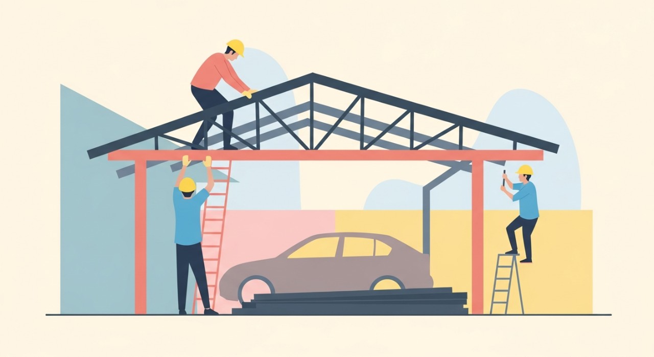 Dua orang pekerja sedang memasang struktur bumbung logam untuk pembinaan porch kereta di sebuah rumah.