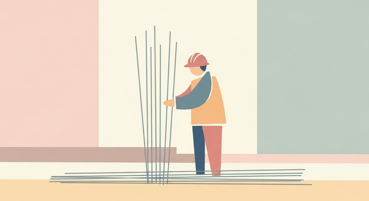 Seorang pekerja binaan sedang memeriksa kualiti batang besi di tapak projek.