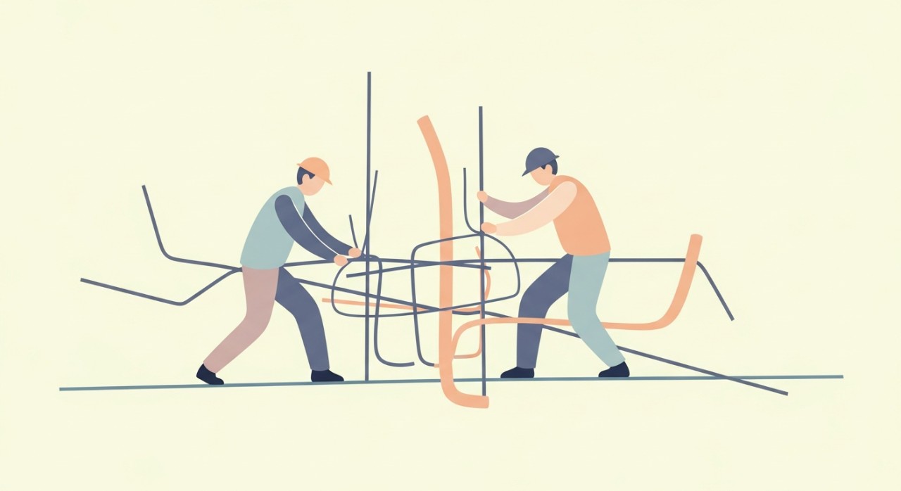 Dua orang pekerja binaan sedang mengikat dan menyusun besi tetulang.