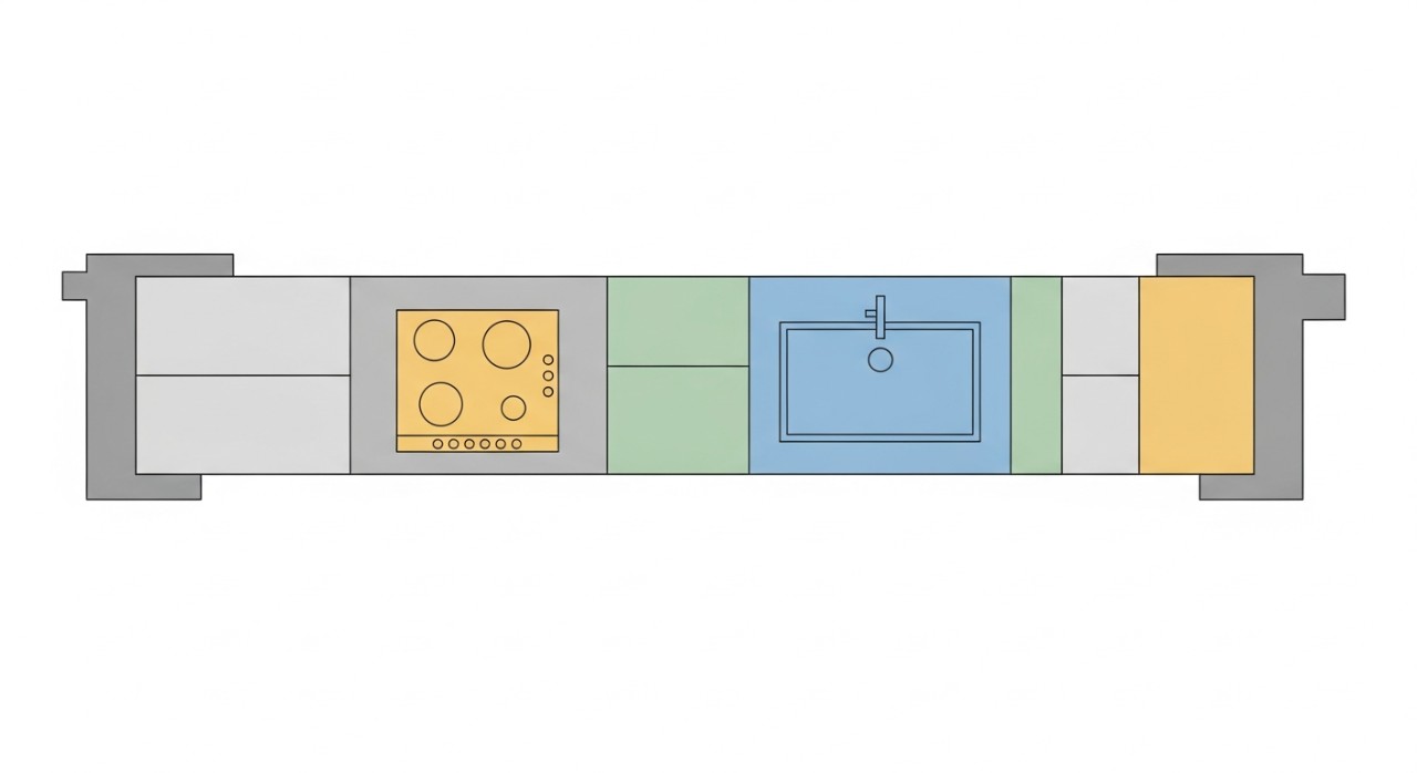 Pelan lantai terperinci menunjukkan susun atur dan reka bentuk dapur basah.