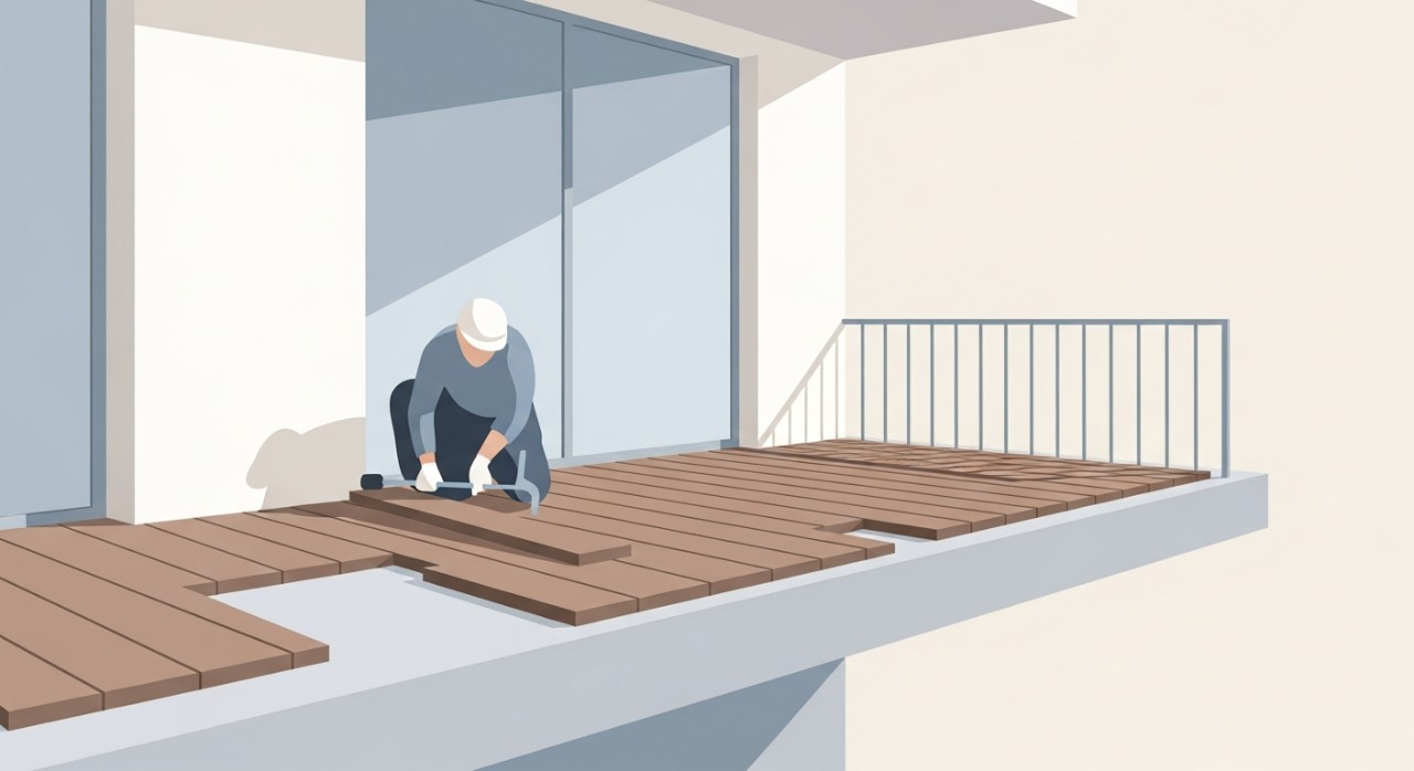 Seorang pekerja sedang memasang lantai WPC baru di kawasan balkoni rumah moden untuk tujuan hiasan luar.