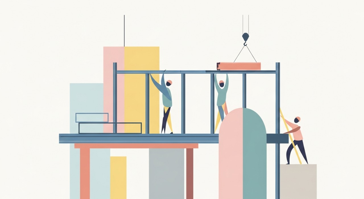 Pekerja sedang memasang atau mengukur besi C channel pada struktur bangunan.