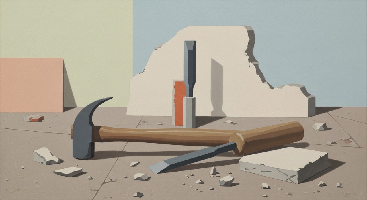 Alat-alat pembinaan seperti tukul, pahat, dan serpihan dinding berada di lantai tapak pembinaan.