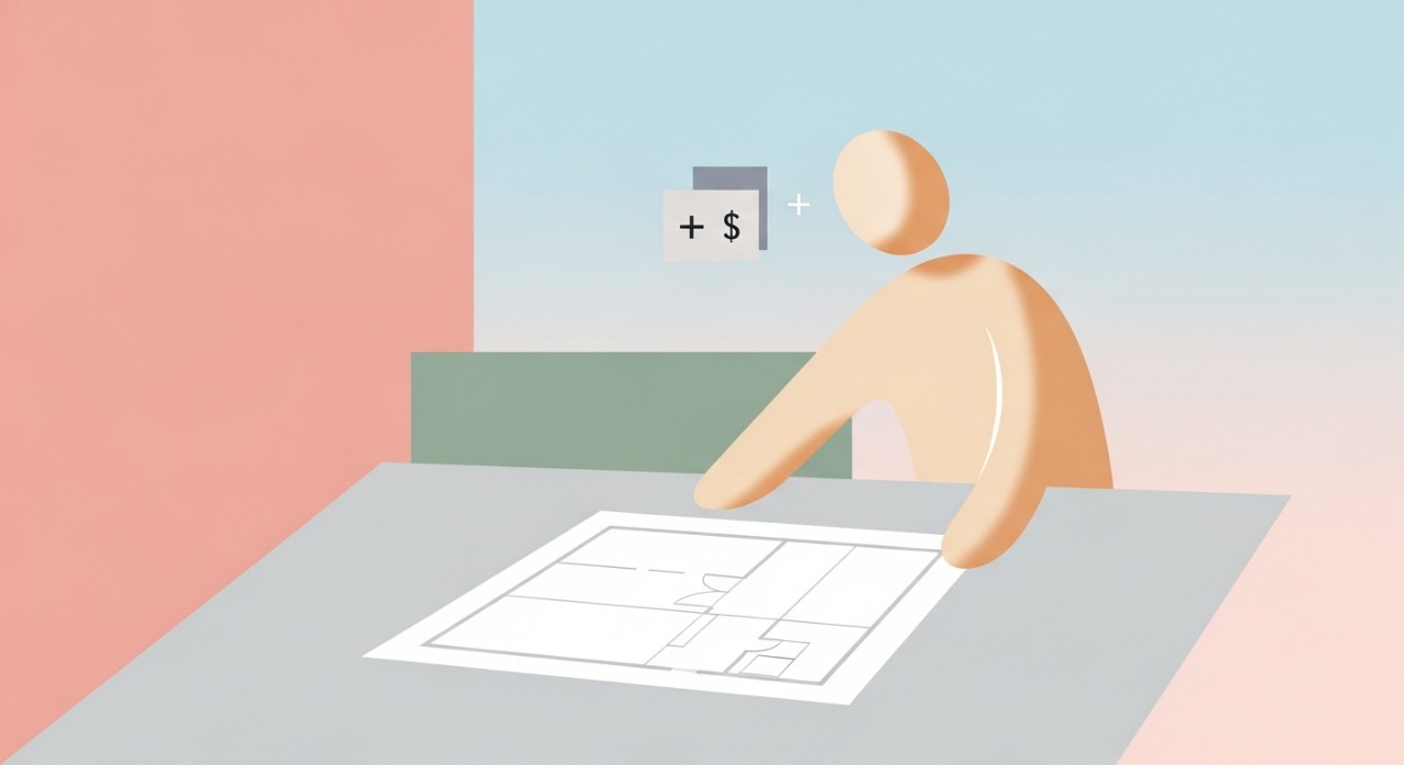 Seorang individu sedang melihat pelan lantai dan mengira anggaran kos penambahan bilik.