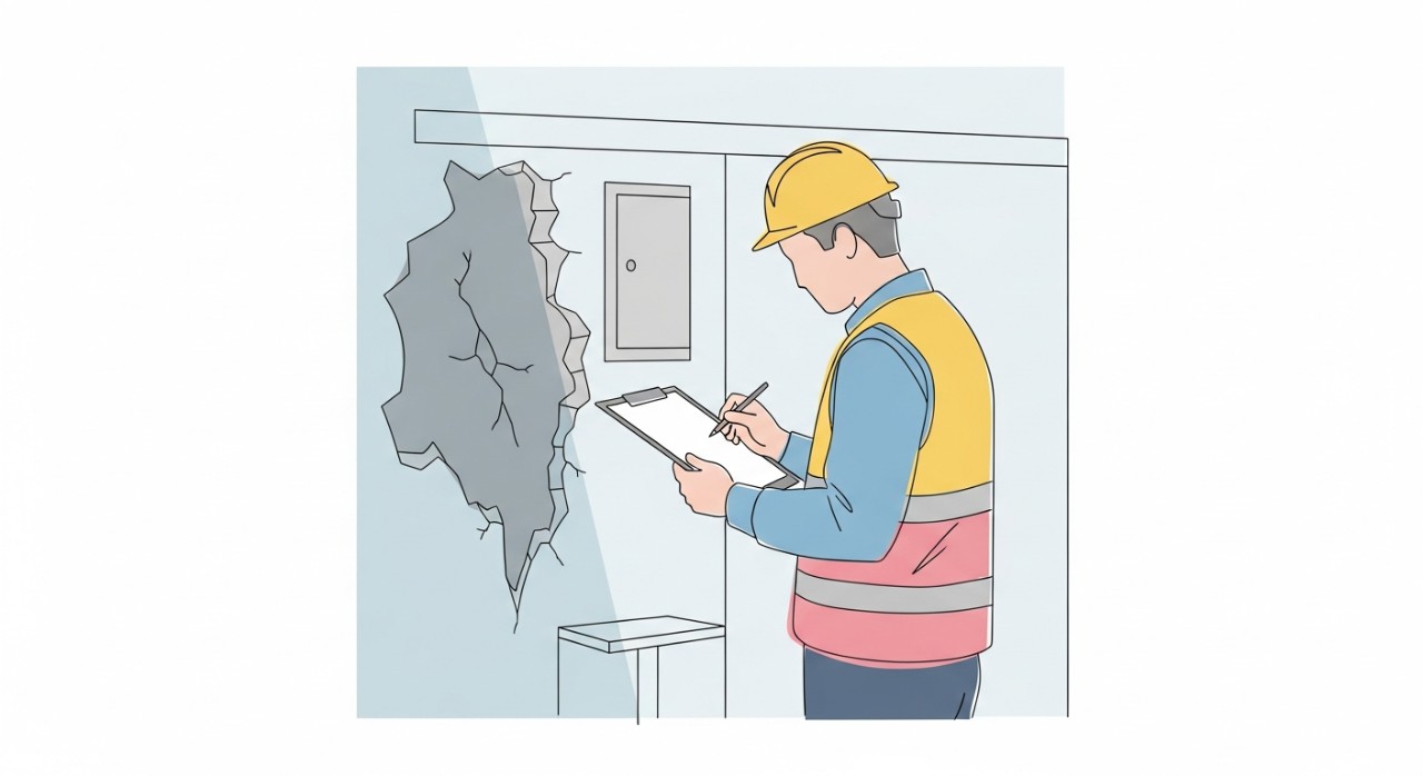 Seorang kontraktor atau tukang sedang memeriksa kerosakan dinding yang pecah sambil mencatat anggaran kos pembaikan di atas papan klip.