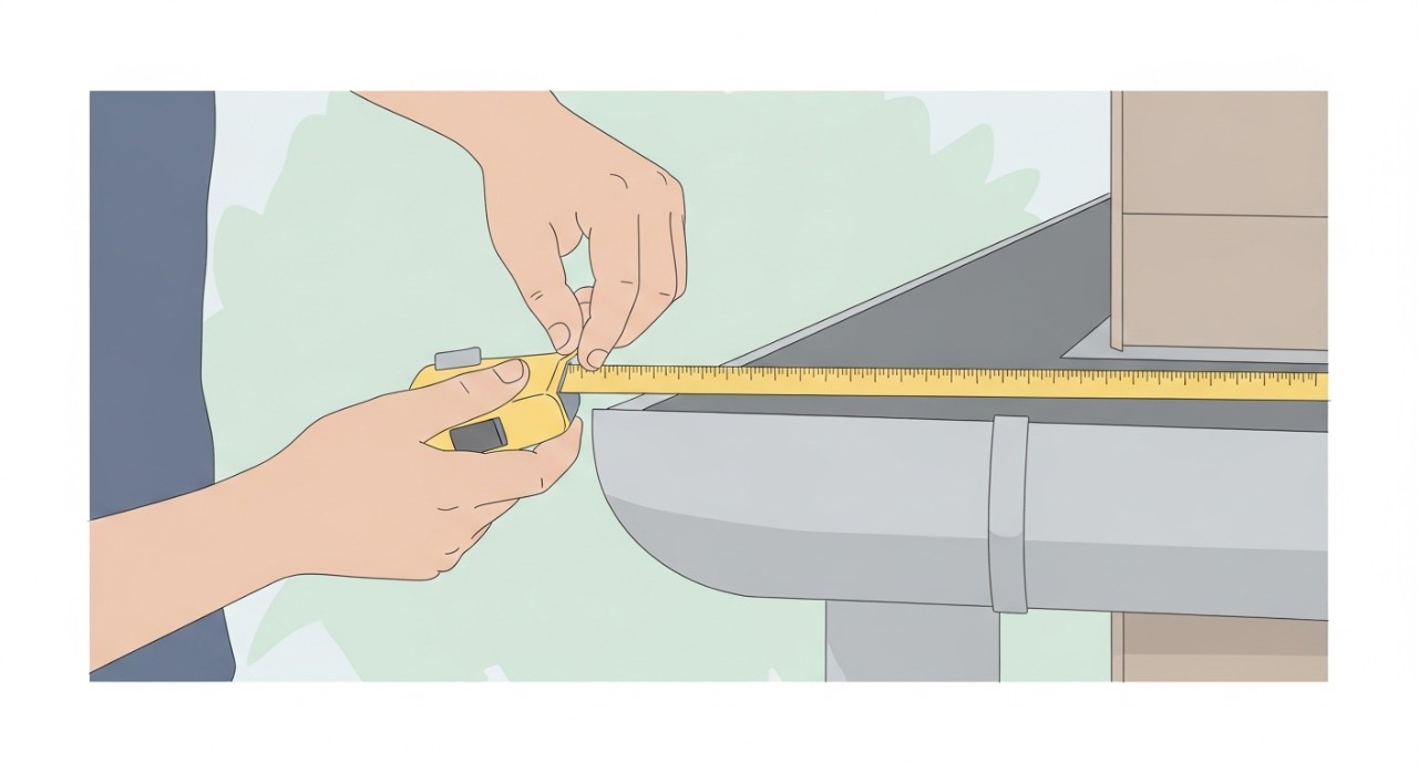 Pandangan dekat tangan seorang tukang yang menggunakan pita pengukur untuk mengukur panjang gutter di tepi bumbung.