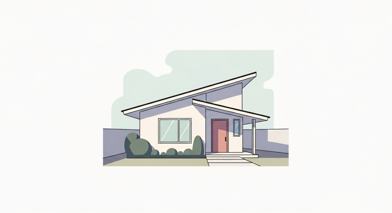 Pemandangan luar sebuah rumah satu tingkat yang ringkas dengan bumbung condong dan halaman kecil.