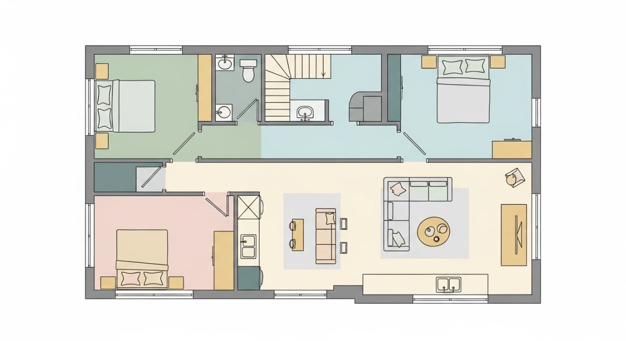 Pelan lantai rumah tiga bilik tidur yang menunjukkan kedudukan ruang tamu serta dapur secara terperinci.