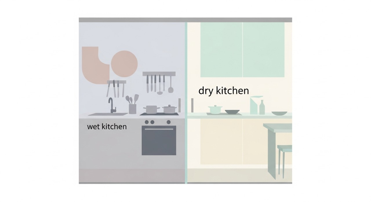 Pintu kaca lutsinar yang menjadi penghadang antara ruang dapur basah dan dapur kering.