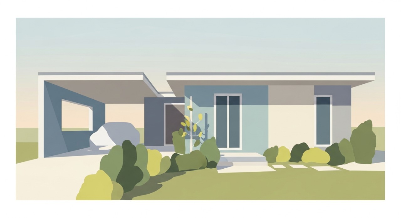 Pemandangan luar sebuah rumah setingkat dengan reka bentuk moden dan halaman yang kemas.