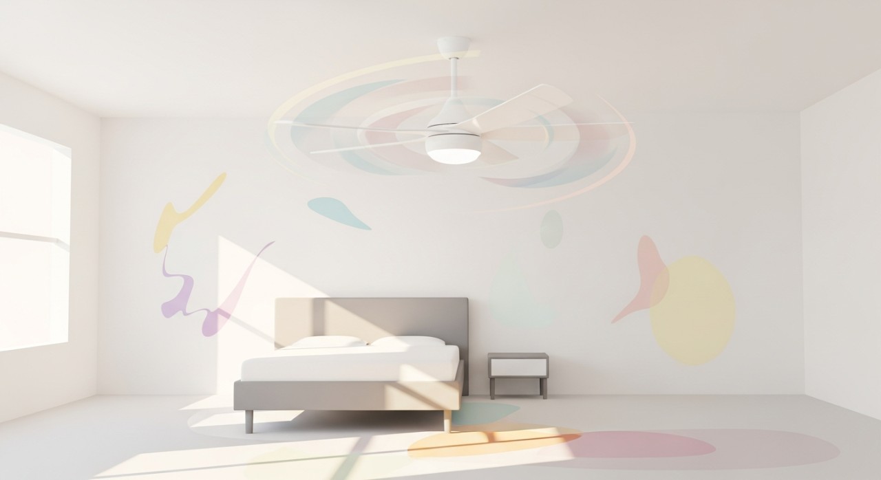 Kipas siling putih yang sedang berputar di dalam bilik tidur yang terang dan kemas.