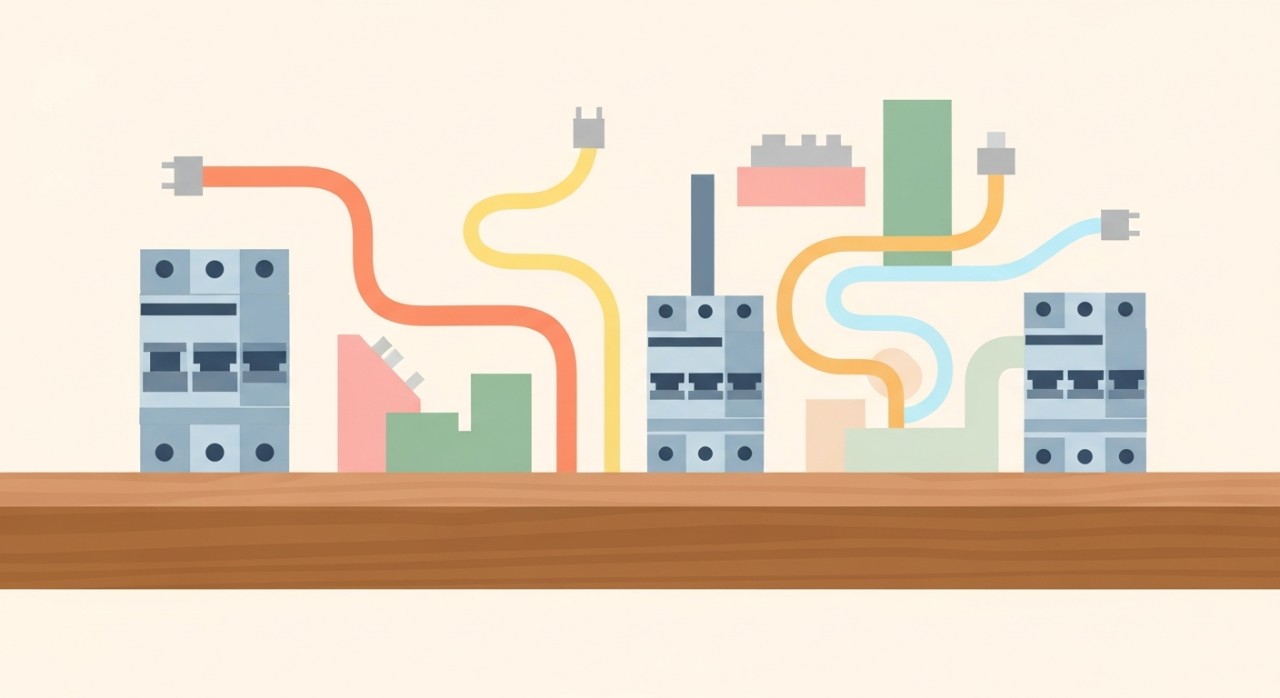 Pelbagai komponen elektrik seperti pemutus litar dan kabel yang diletakkan di atas meja kerja