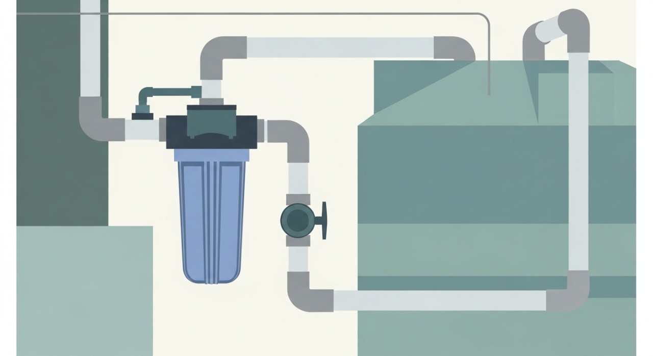 Penapis air dan sistem paip yang menyambungkan saluran bumbung ke tangki simpanan air hujan.