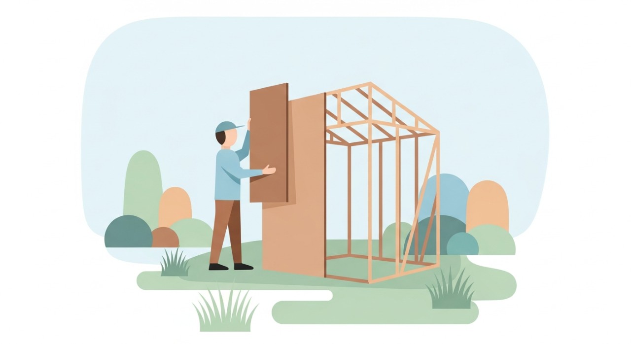 Seorang lelaki sedang memasang dinding papan pada rangka stor kecil di luar rumah.