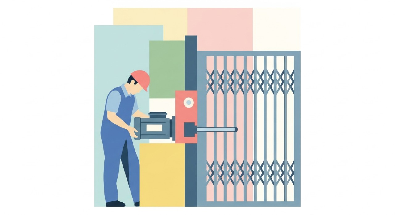 Seorang juruteknik sedang melakukan kerja pemasangan motor penggerak pada pintu pagar besi.