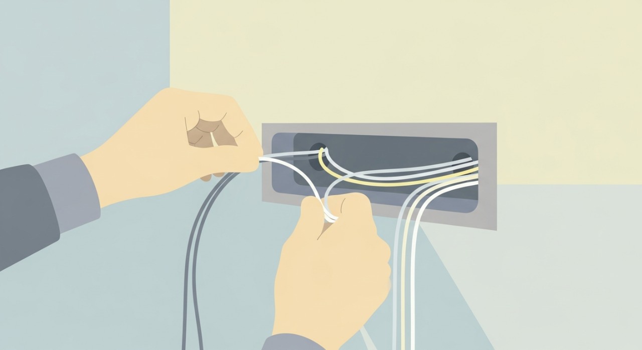 Proses pemasangan kabel elektrik baru yang kemas pada dinding rumah.