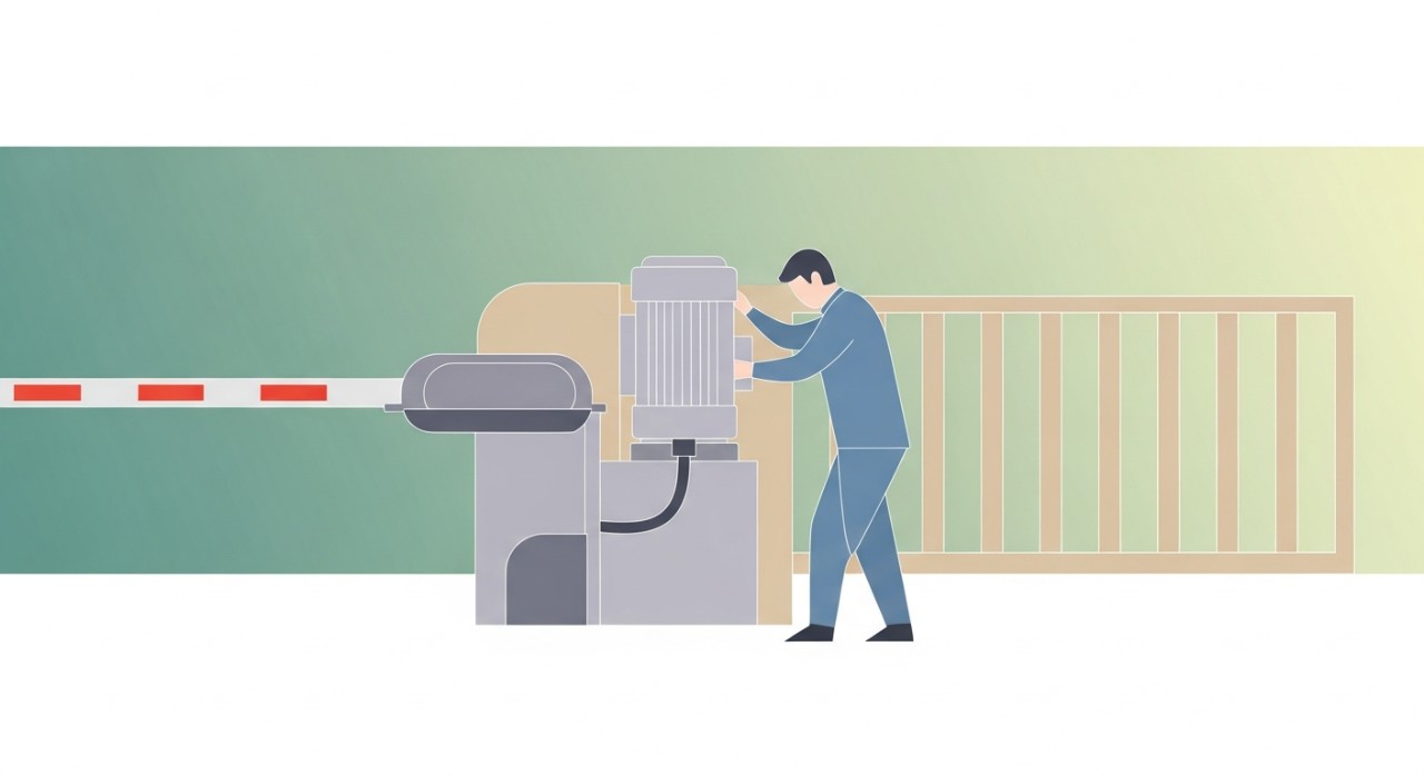 Seorang pekerja sedang melakukan pemasangan motor elektrik pada sistem pagar automatik rumah.