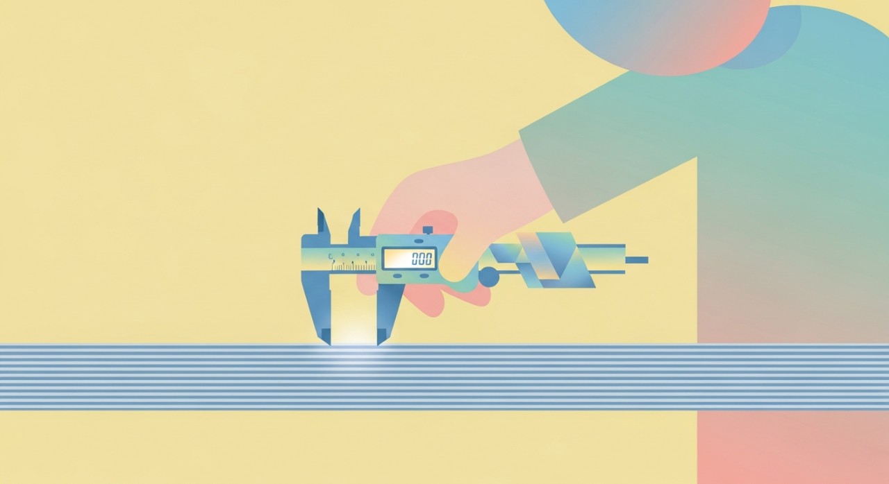 Seseorang sedang memeriksa kualiti dan ketebalan batang besi Y12 menggunakan alat pengukur.