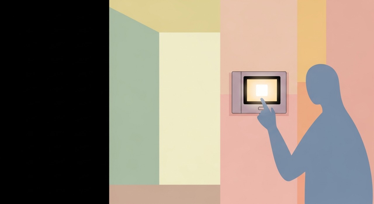 Seorang wanita sedang menekan skrin interkom pintar yang terpasang pada dinding dalam rumah.