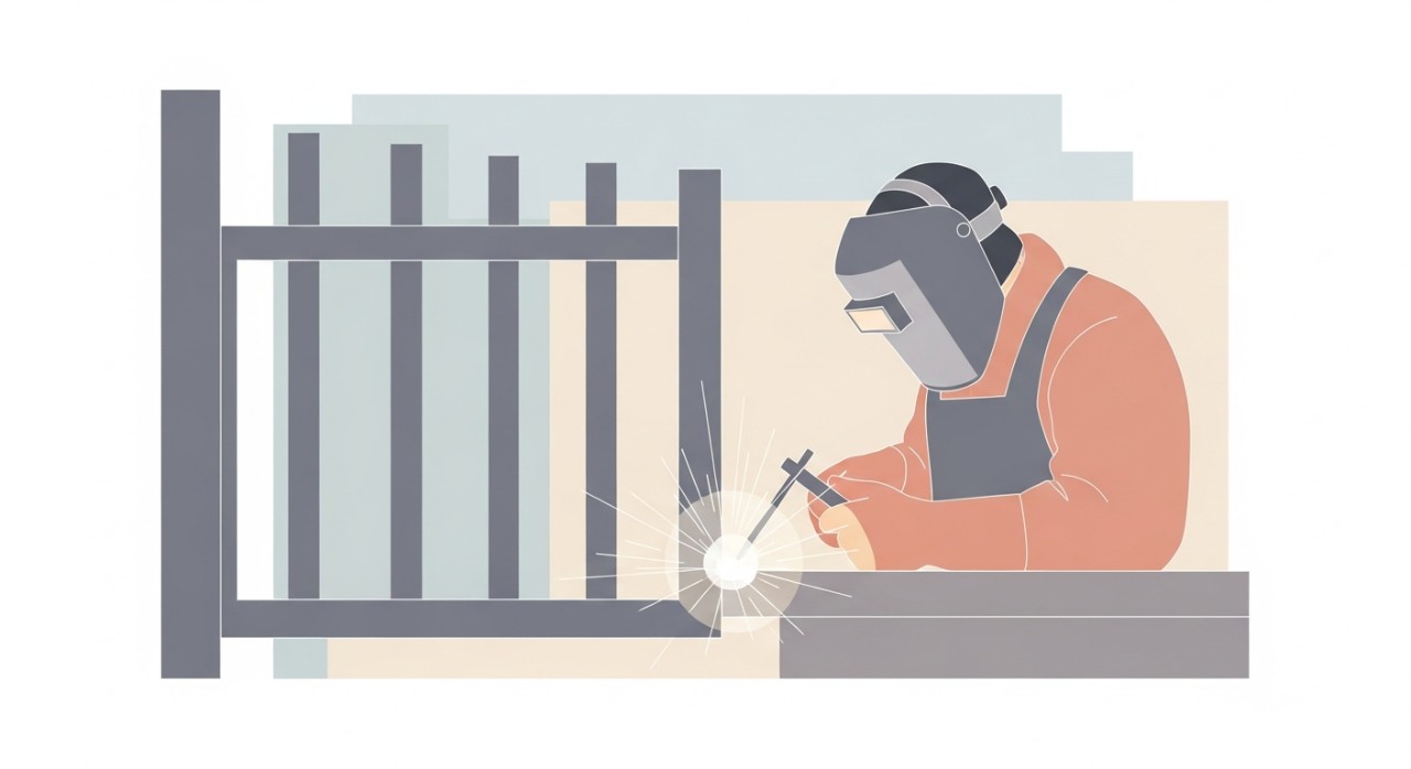 Tukang besi sedang menyambung batang besi menggunakan alat kimpalan untuk membina pagar.