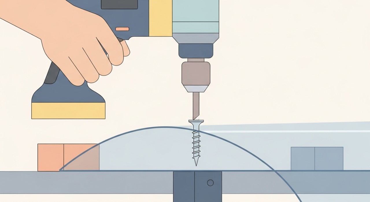 Tangan sedang mengetatkan skru pada kepingan polikarbonat menggunakan alat gerudi elektrik.