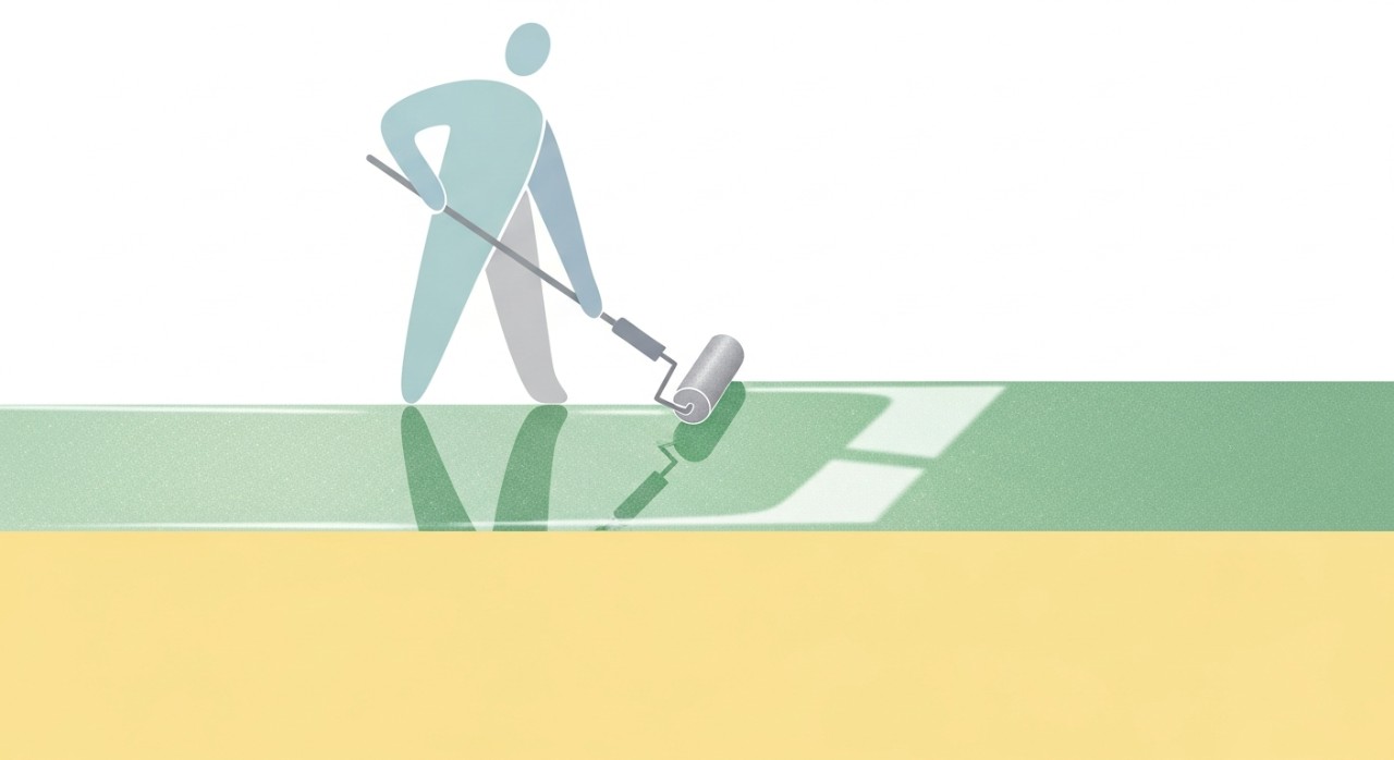 Seseorang sedang menggunakan roller cat untuk meratakan lapisan epoxy yang berkilat di dalam sebuah bilik.