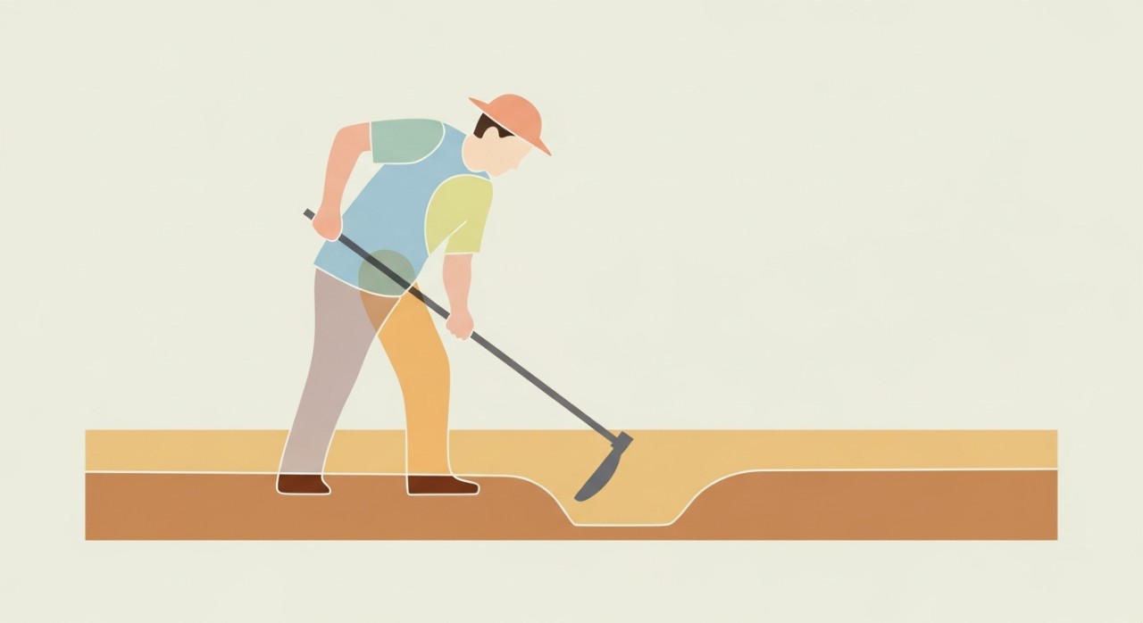 Pekerja menggunakan cangkul untuk menggali dan meratakan tanah bagi membentuk laluan longkang yang sempurna.