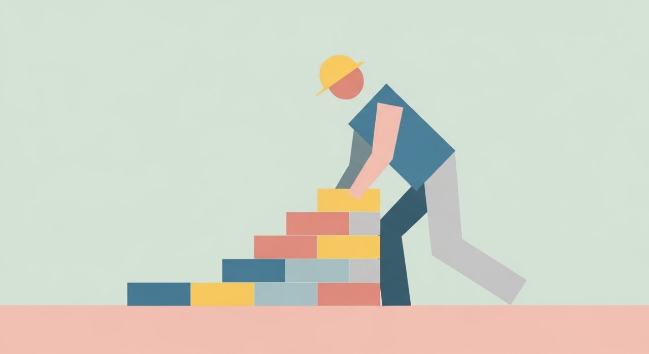 Seorang tukang bangunan sedang menyusun batu bata untuk membina dinding bilik tambahan.