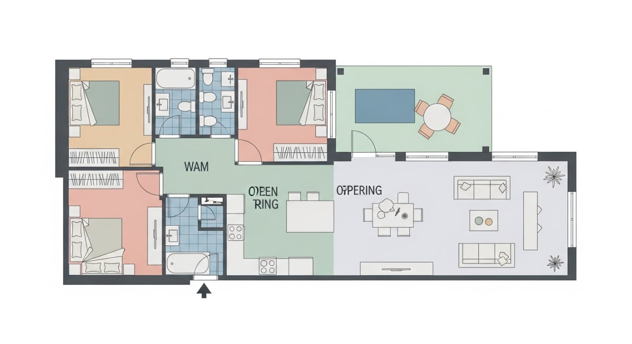 Susun atur ruang dalaman rumah yang menunjukkan kedudukan bilik tidur, dapur, dan ruang tamu yang luas dalam pelan lantai.