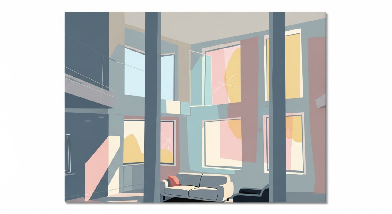 Ruang tamu dengan siling tinggi dan tingkap terbuka yang membolehkan aliran udara segar masuk ke dalam bangunan.