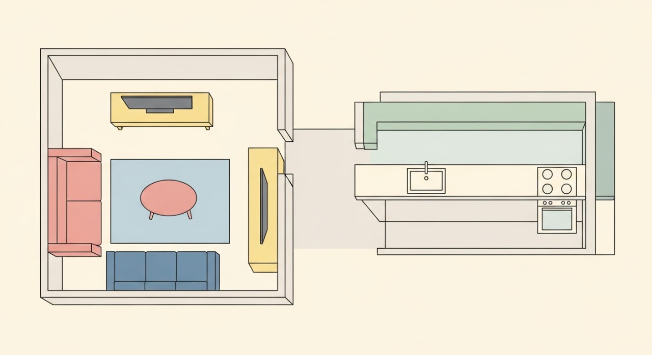 Susun atur ruang tamu dan dapur dalam sebuah rumah kecil yang kemas dan selesa.
