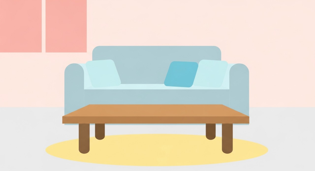 Ruang tamu rumah saiz kecil yang dilengkapi sofa dan meja kopi kayu.