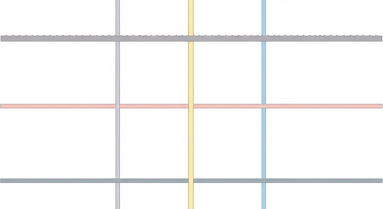 Batang besi tetulang yang disusun secara bersilang dengan jarak sekata membentuk grid untuk kekuatan struktur lantai.